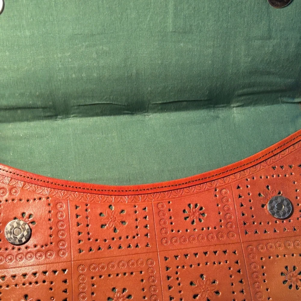 Cognac Leather Clutch w/ Intricate Laser Cut & Embossed Floral New